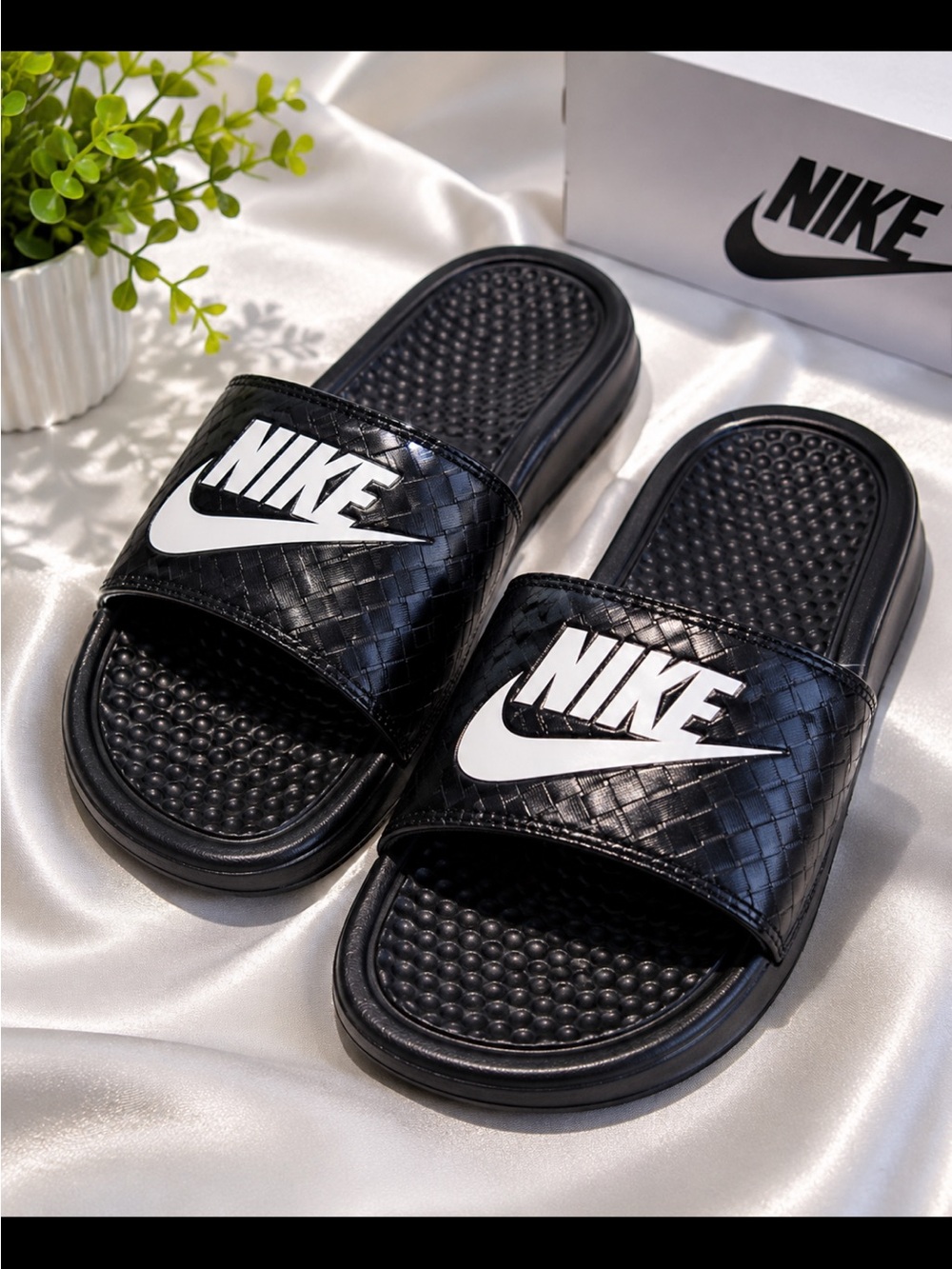 Nike Kids Black Slide Sandals with White Swoosh